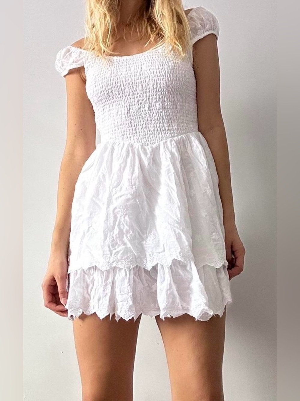 American Eagle Outfitters ~ White Tiered Smocked Cotton Mini Dress - Jrs. Large